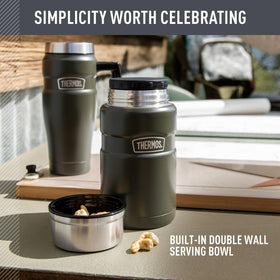 THERMOS Stainless King 24oz hot soup close-up highlights heat retention.