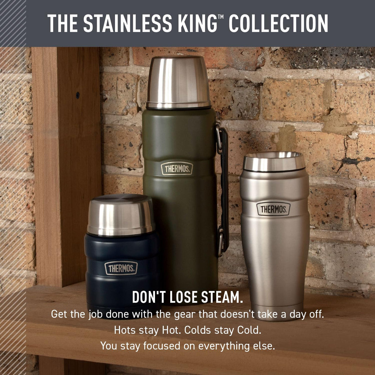 THERMOS Stainless King 40oz sweat-proof exterior stays cool to touch with hot drinks.