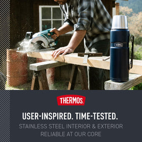 THERMOS vacuum-insulated 68 oz bottle keeps beverages hot or cold during long treks.