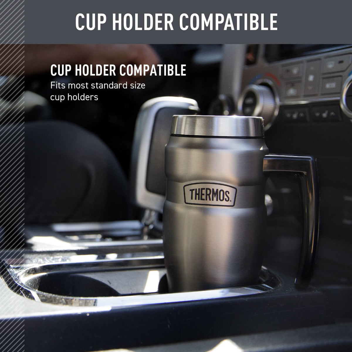 THERMOS Stainless King with DrinkLock lid to prevent leaks during travel.
