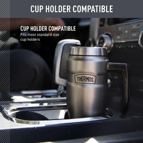 Lid with DrinkLock on THERMOS Stainless King prevents leaks during commutes