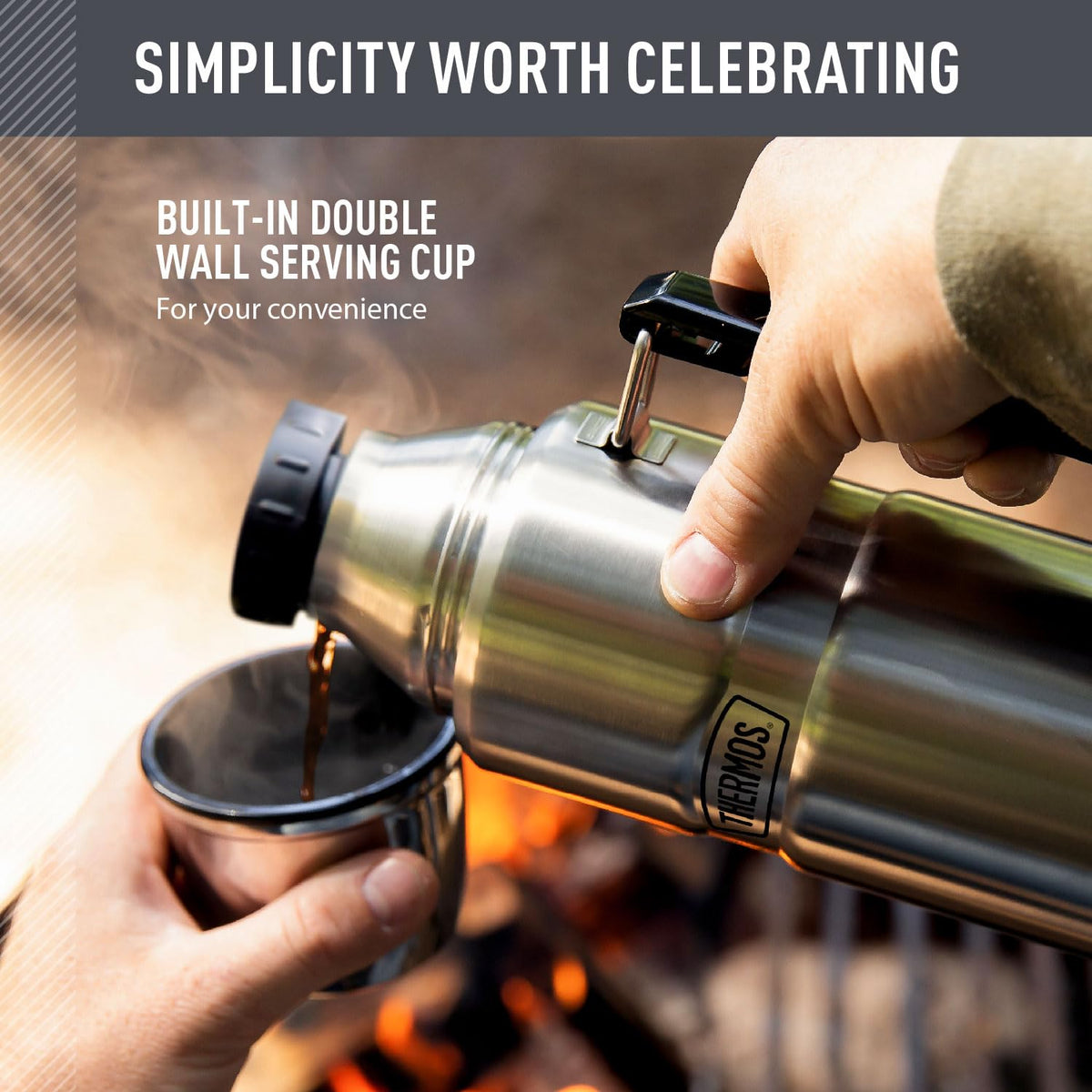 THERMOS Stainless King twist-and-pour stopper closeup enables easy serving without full stopper removal.