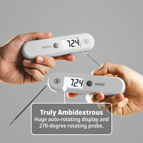 Sizzle folding probe in use for ambidextrous cooking and compact storage