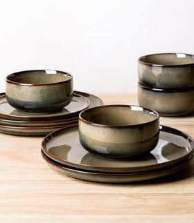 TheTerra Coca Mocha stacked dinnerware shows space-saving storage.