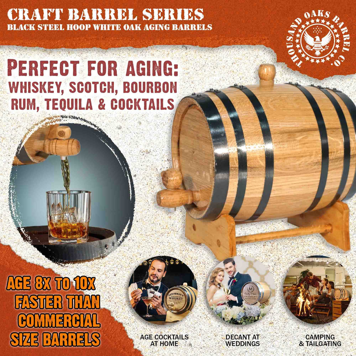 THOUSAND OAKS BARREL bung and spigot enable easy pouring.