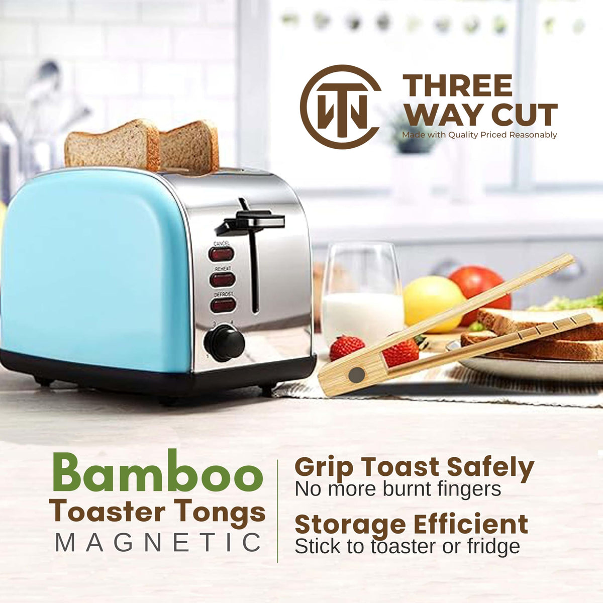 Three Way Cut bamboo tongs with magnetic holder for easy storage.