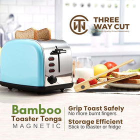 Three Way Cut bamboo tongs with magnetic holder for easy storage.