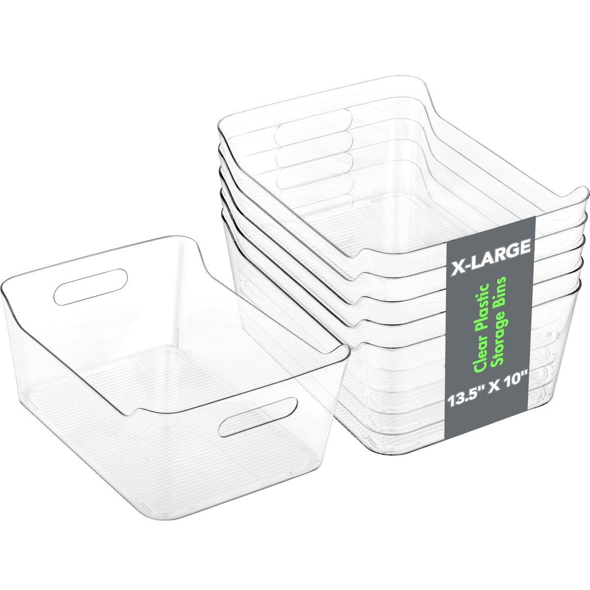 Tiawudi 4-pack XL clear storage bins with easy-grip handles for pantry organization.