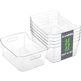 Tiawudi 4-pack XL clear storage bins with easy-grip handles for pantry organization.