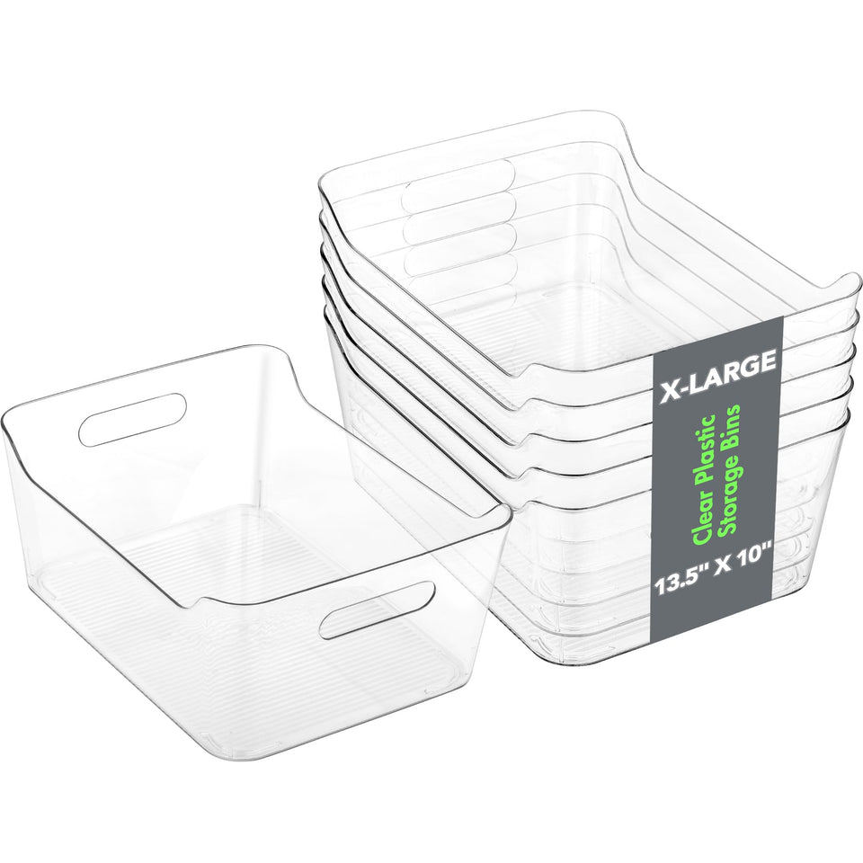 Tiawudi 4-pack XL clear storage bins with easy-grip handles for pantry organization.