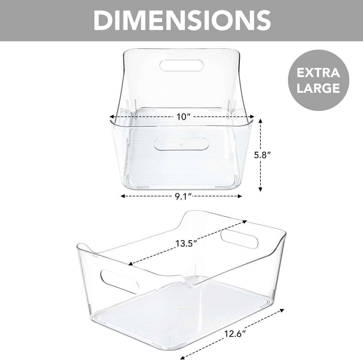 Tiawudi XL clear pantry bin measures 13.5 by 10 inches for snacks.