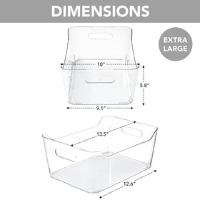 Tiawudi XL clear pantry bin measures 13.5 by 10 inches for snacks.
