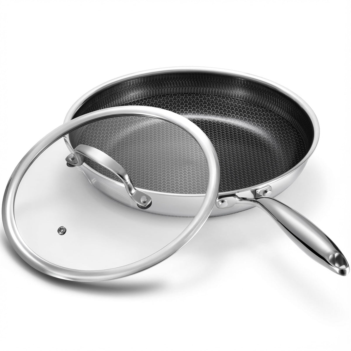 Tibbicc 10 inch non-stick frying pan with lid showing easy release for eggs and pancakes