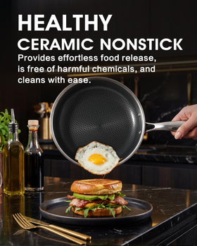 Tibbicc hybrid tri-ply non-stick frypan demonstrating even heat for searing steaks