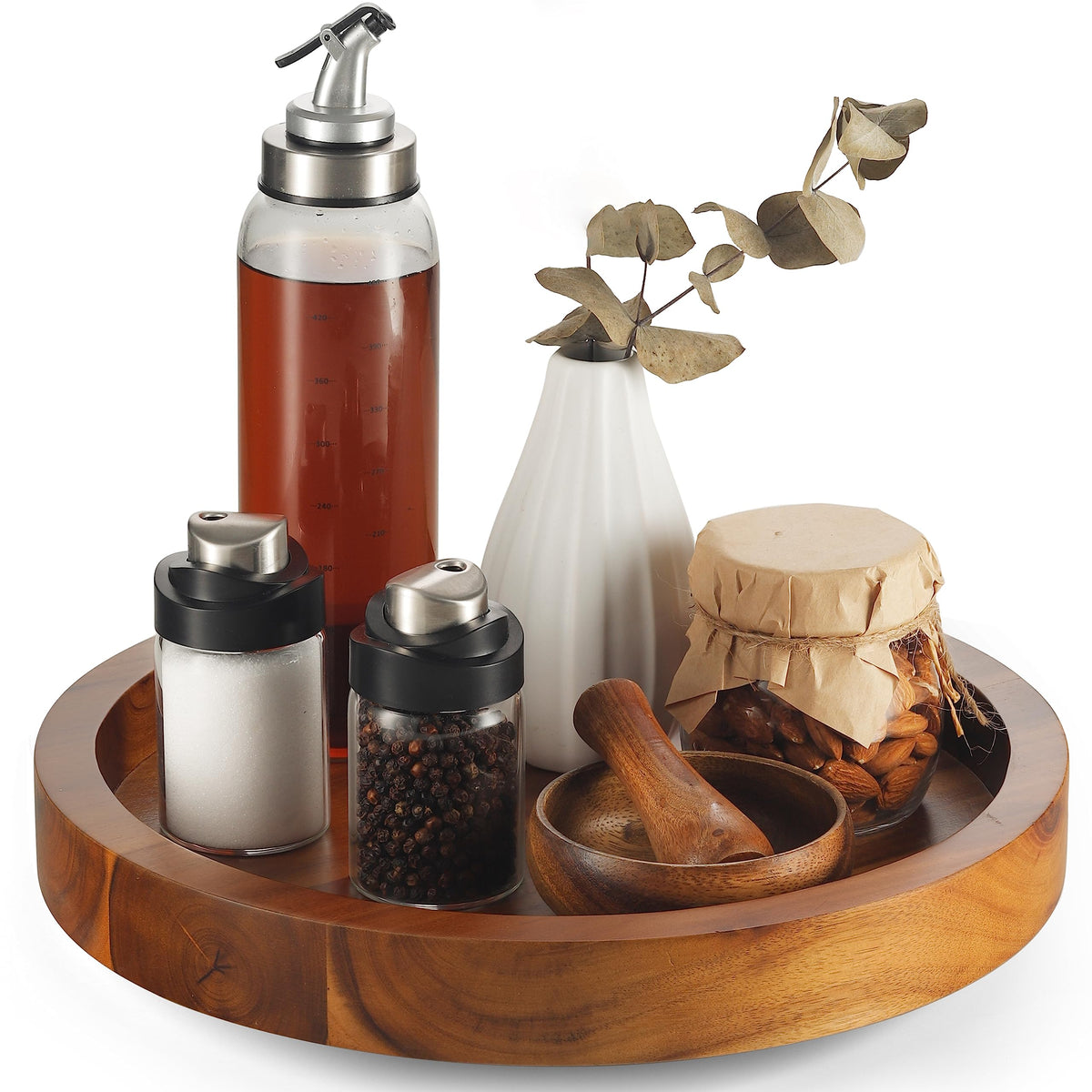 Tidita 13-inch acacia wood lazy susan showing 360-degree access for pantry organization.