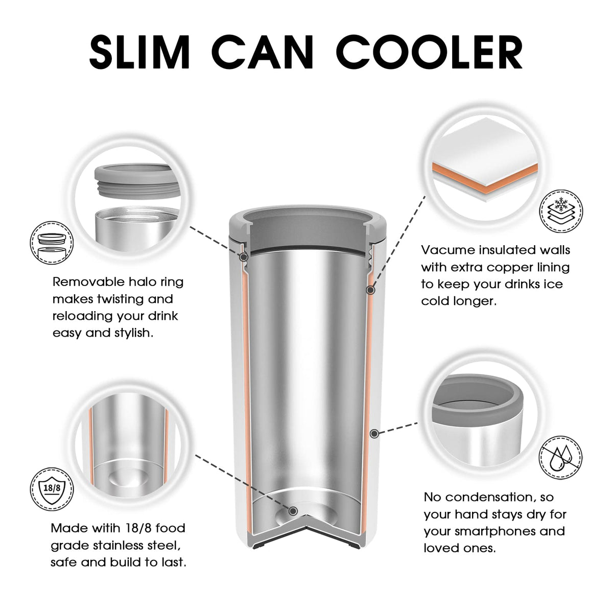 TILUCK Skinny Can Cooler shows double-walled stainless steel construction for long-lasting chill.