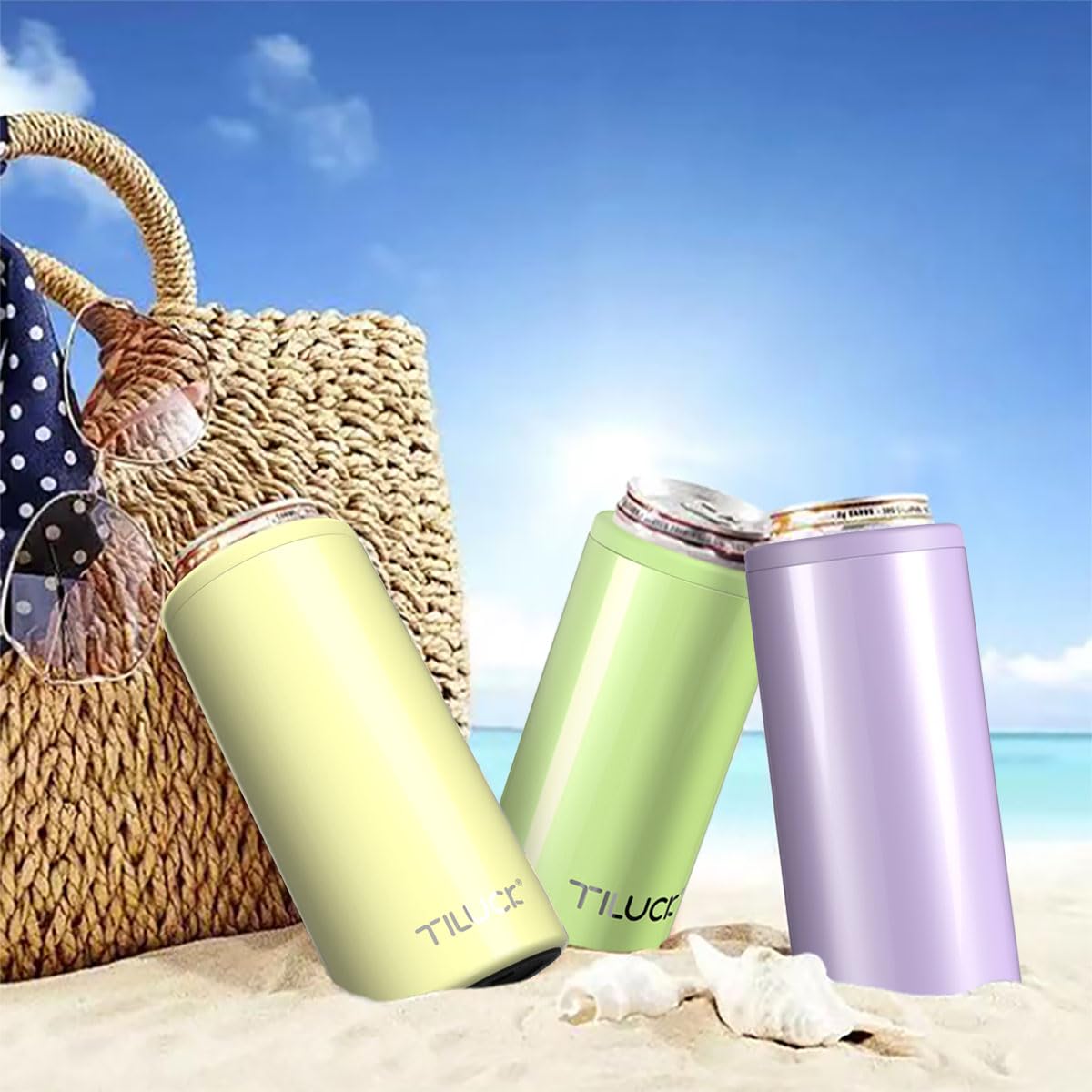 TILUCK Skinny Can Cooler lemon packaged shot emphasizes travel-friendly packaging.