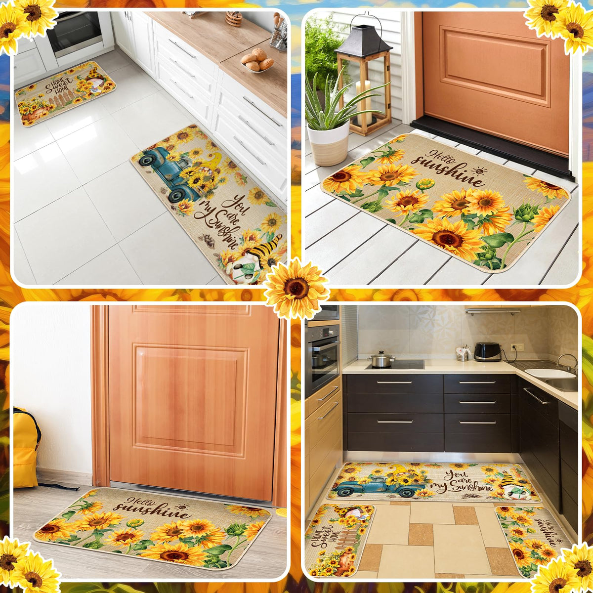 Timgle 3pc sunflower kitchen rug collection in one view
