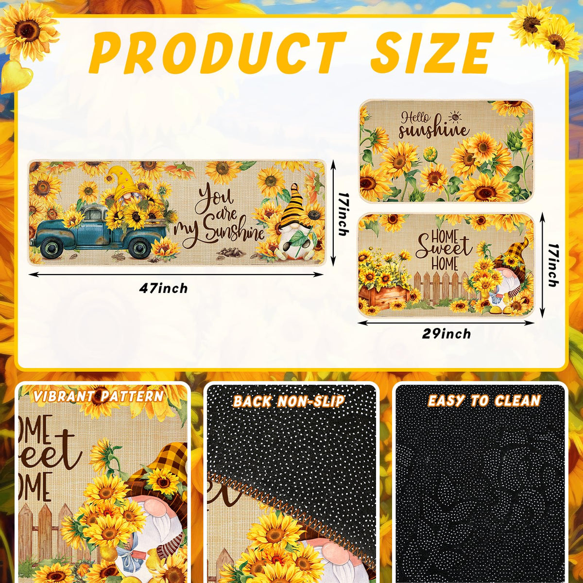 Timgle sunflower-gnomes rug showing non-slip backing in action