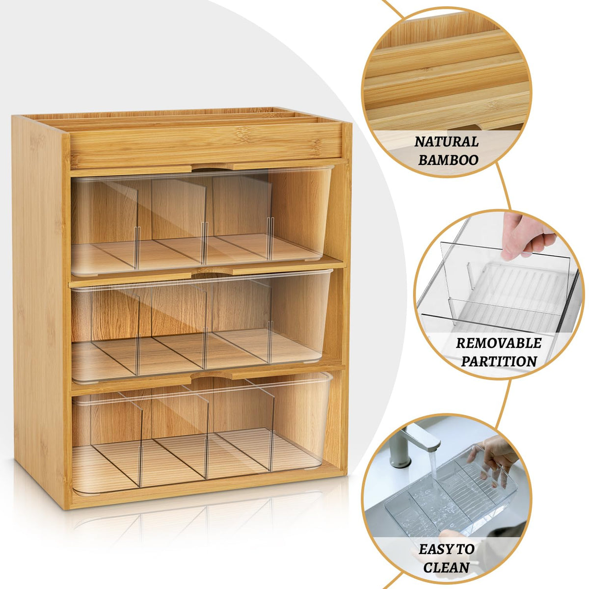 TIMIEEYA tea bag organizer with acrylic partitions showcases tea options at a glance
