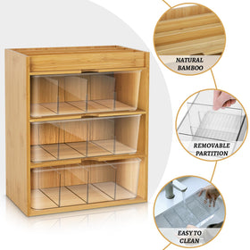 TIMIEEYA tea bag organizer with acrylic partitions showcases tea options at a glance