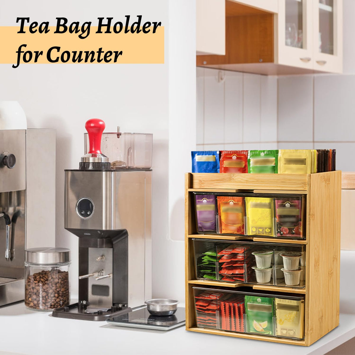 TIMIEEYA tea bag organizer with natural bamboo surface for durable storage
