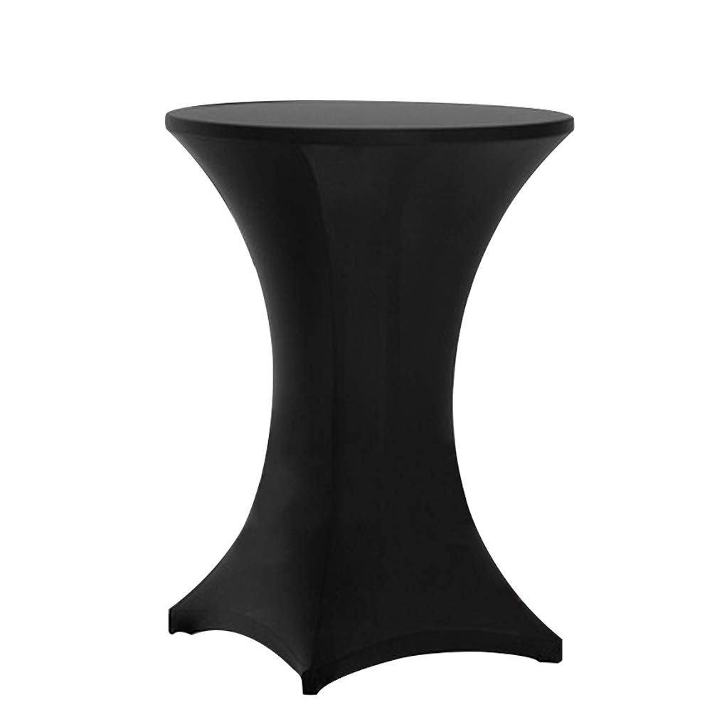 Tina's highboy spandex cover side view, sleek black fit on 30x42 tables.