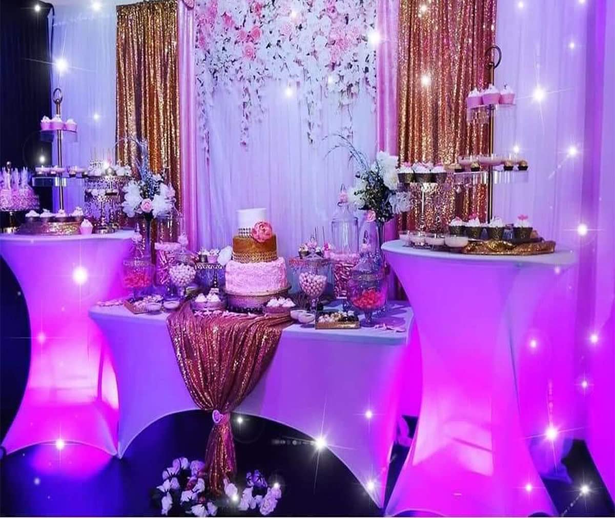Tina's white spandex covers offer reusable decor for multiple events.