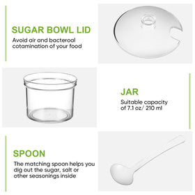 Tioncy clear acrylic sugar jar close-up showing lid and spoon for mess-free serving.