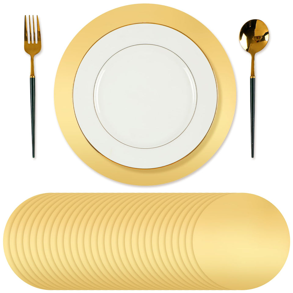 Tioncy gold round placemats shine on banquet tables, protecting surfaces.