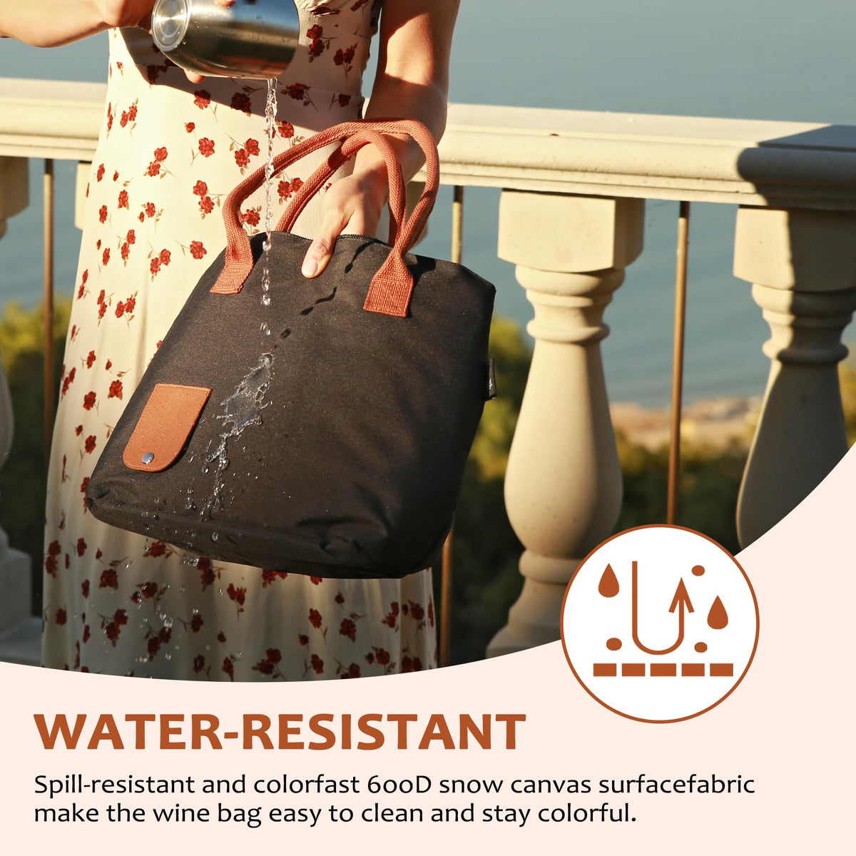 Tirrinia wine tote bag uses 600D snow canvas to resist spills and fading.