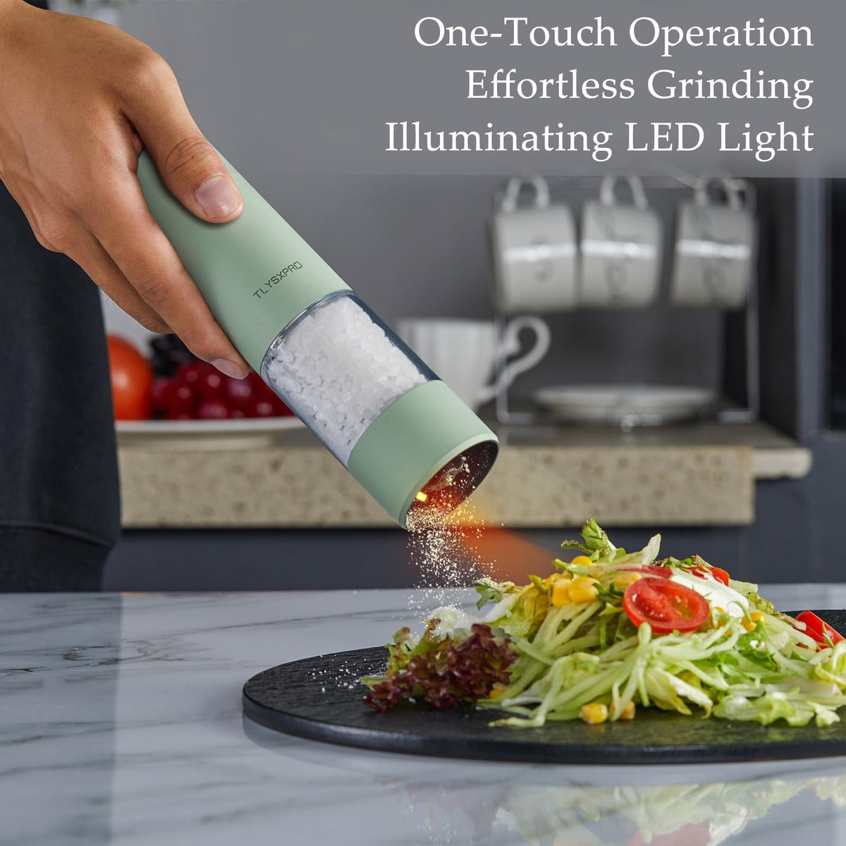 TLYSXPRO electric salt grinder side view highlighting sleek kitchen decor.