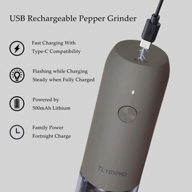 TLYSXPRO USB-C charging keeps the grinder ready without batteries.