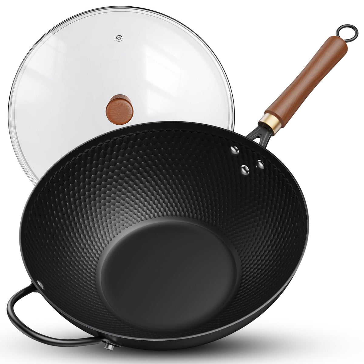 Todlabe nonstick wok 13-inch with glass cover for easy monitoring during stir-fry.