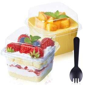 TOFLEN 8oz square dessert cup with lid and spork for easy to-go parfaits