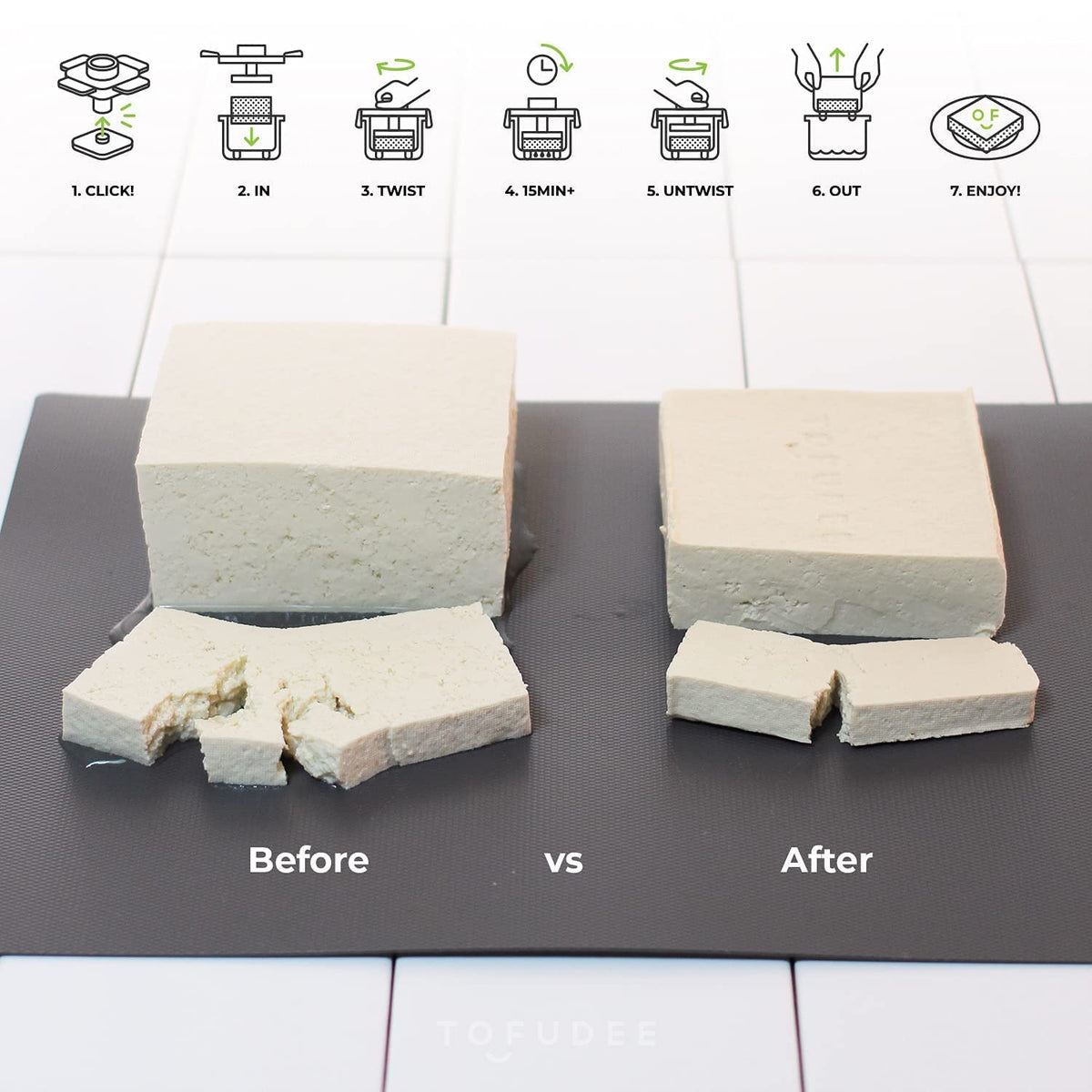TOFUDEE press demonstrates crack-free former for tofu blocks.