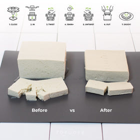 TOFUDEE press demonstrates crack-free former for tofu blocks.