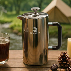 Compact outdoor camping setup featuring TOMAKEIT 1L French press.