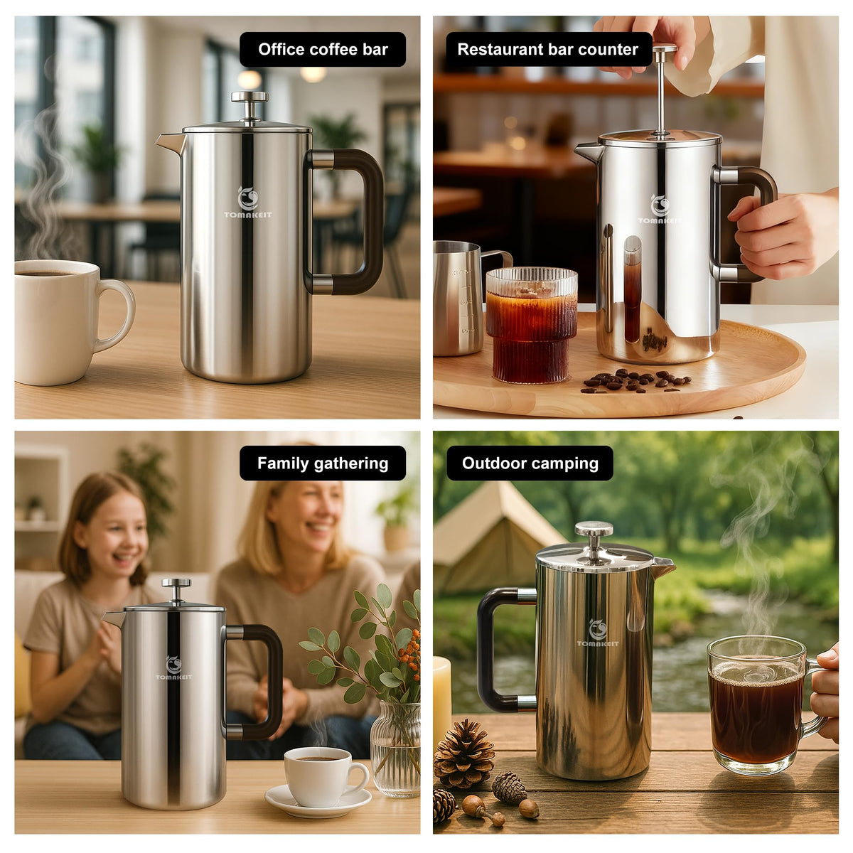 TOMAKEIT French press on a desk, ideal for office caffeine breaks.