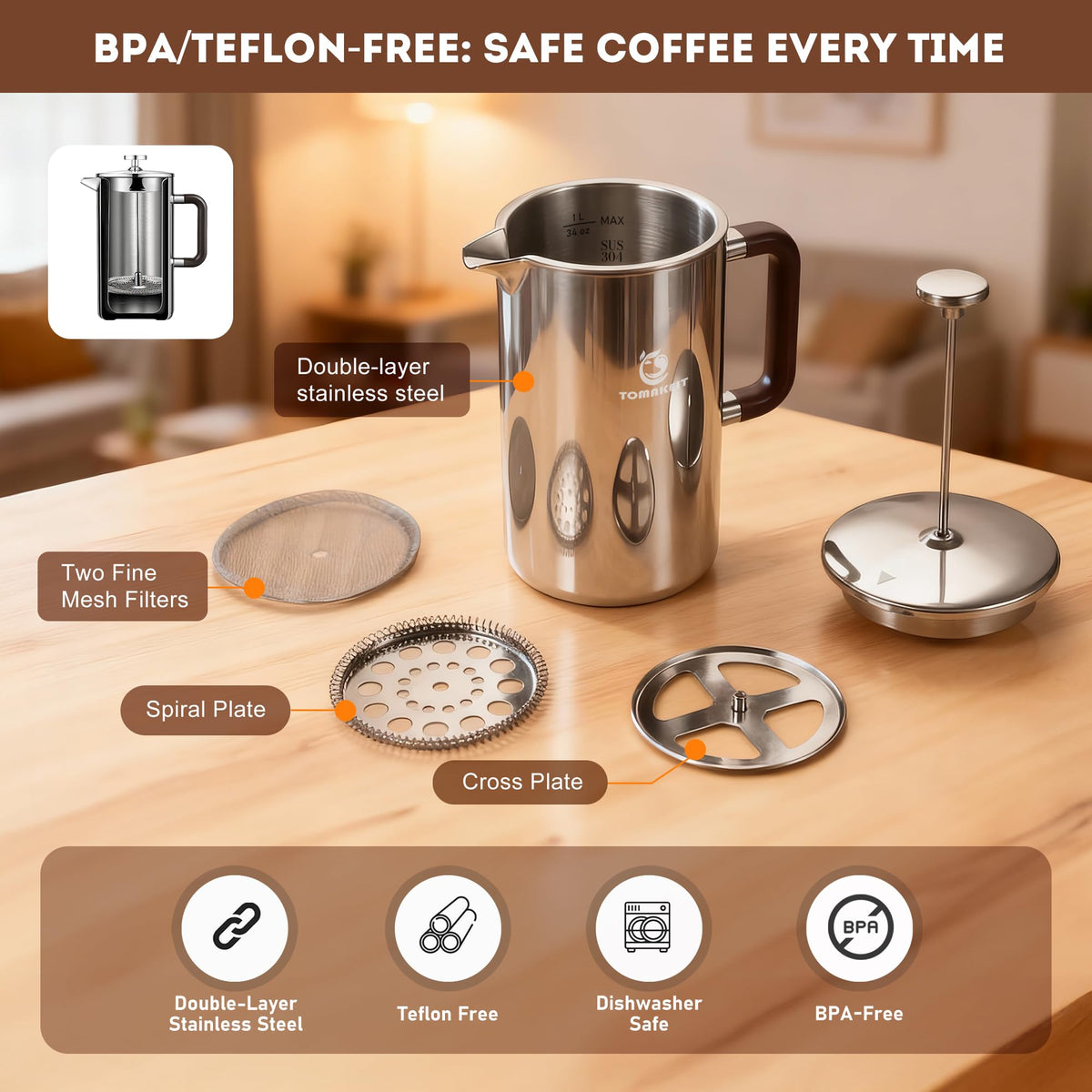 Open-brew scene shows 1L capacity for sharing multiple cups.