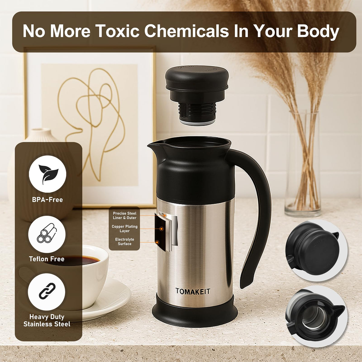 TOMAKEIT creamer pitcher pour-control for slow, medium, or fast pours.