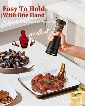 TOMEEM electric grinder features ergonomic hourglass design for comfortable grip during seasoning.