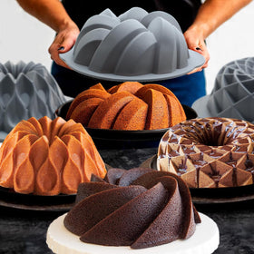 Tongjude silicone fluted cake pans oven-ready angle showing even heat.