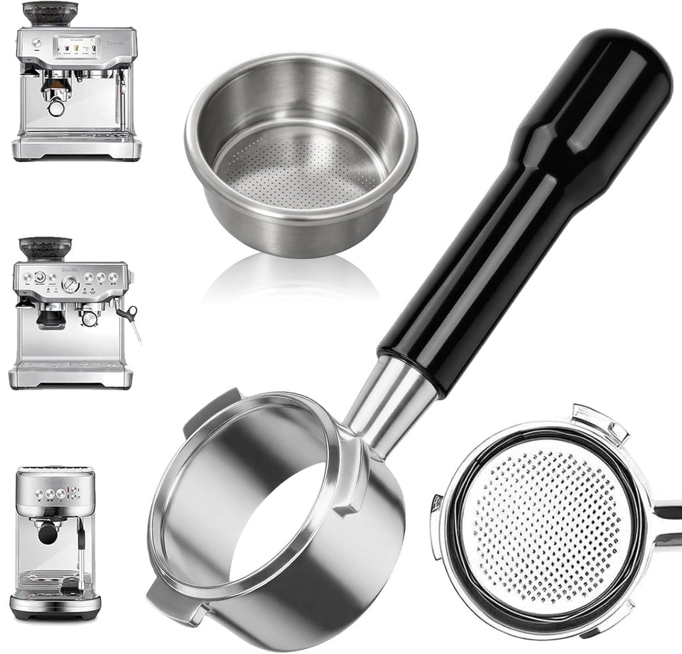 TooAemiS 54mm bottomless Breville portafilter showing direct compatibility with Breville machines