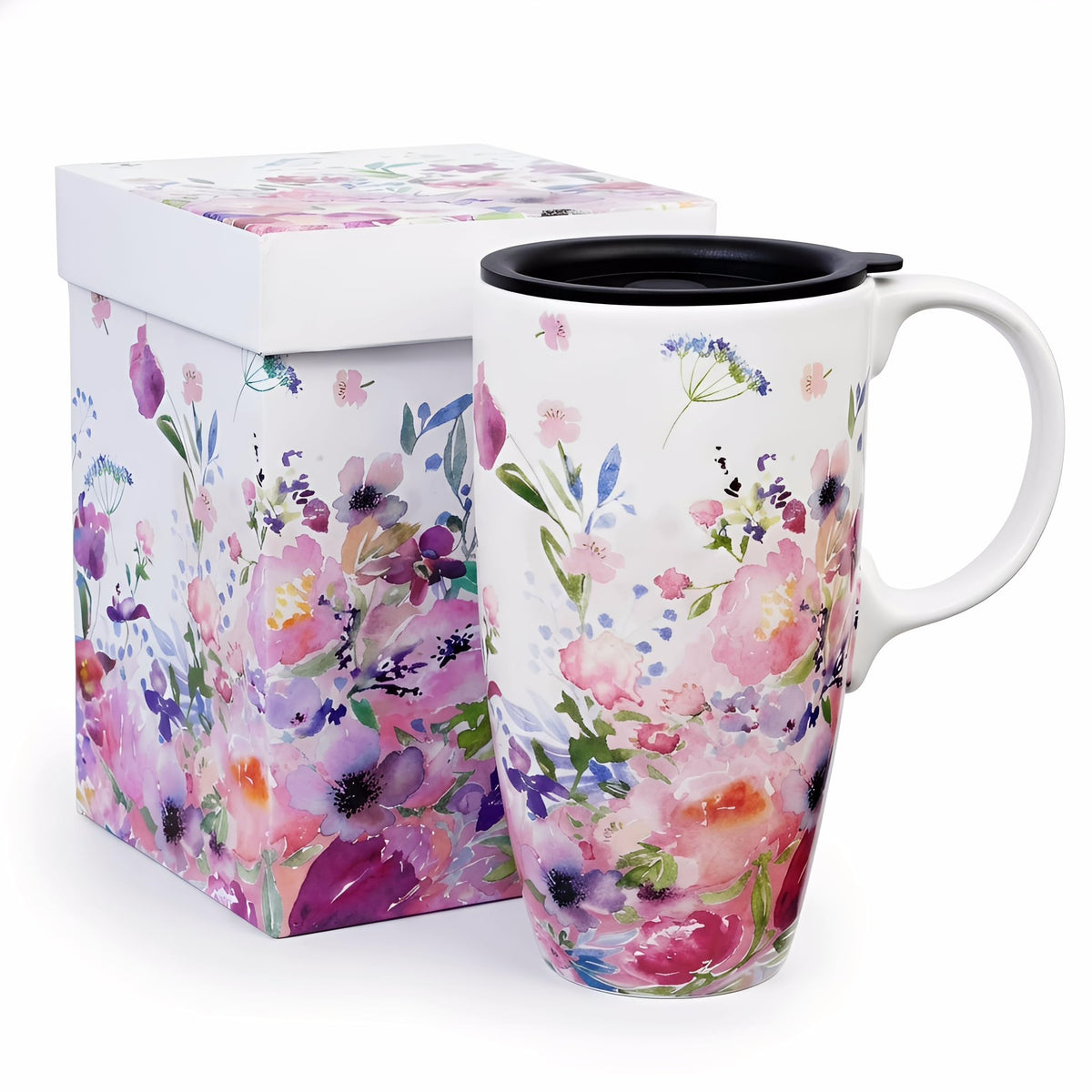 Topadorn ceramic travel mug with pink garden pattern keeps drinks stylish on the go.
