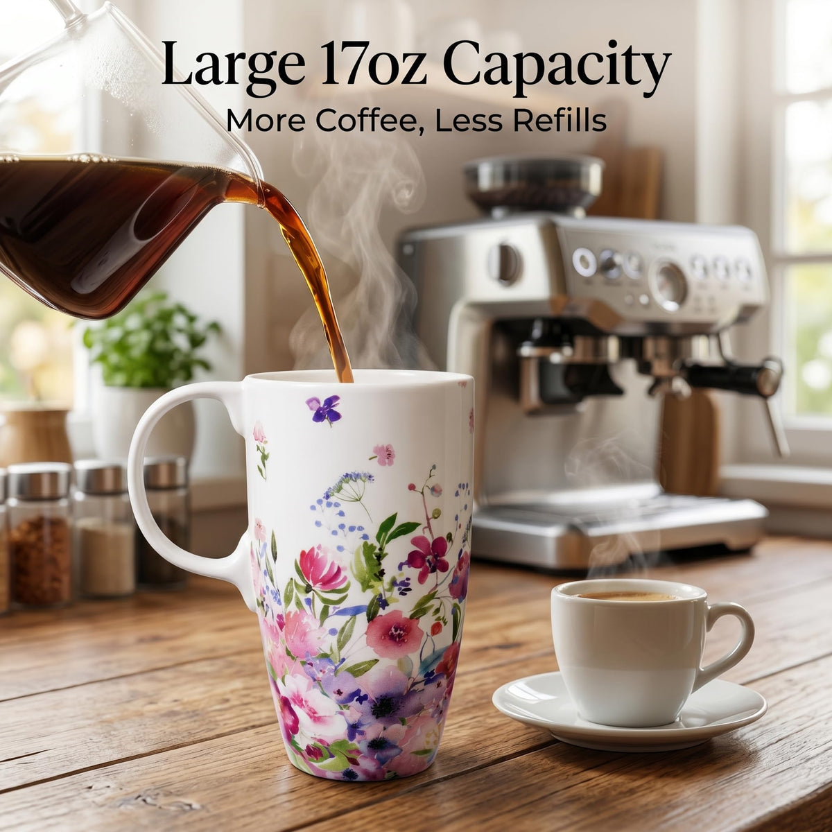 Topadorn white-pink flower pattern mug adds artful charm to daily coffee.