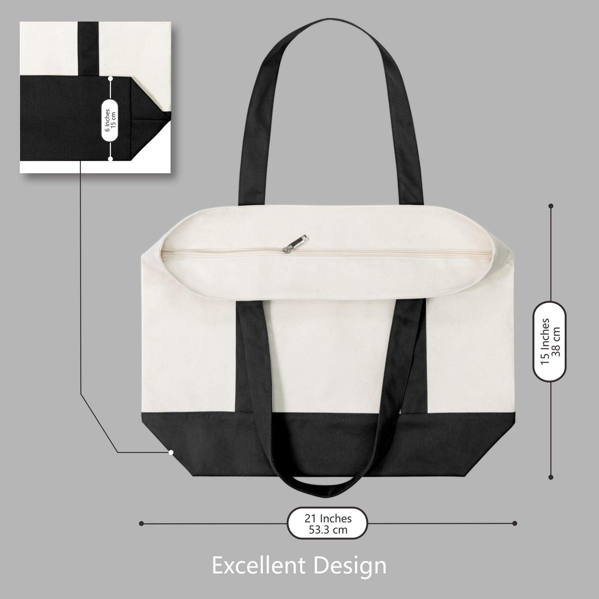 TOPDesign 21x15x6 inch tote offers generous capacity for travel.