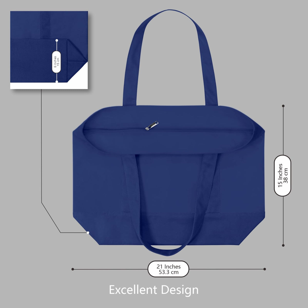 TOPDesign tote blue handle close-up shows comfortable 1.5-inch strap for shoulder carry.
