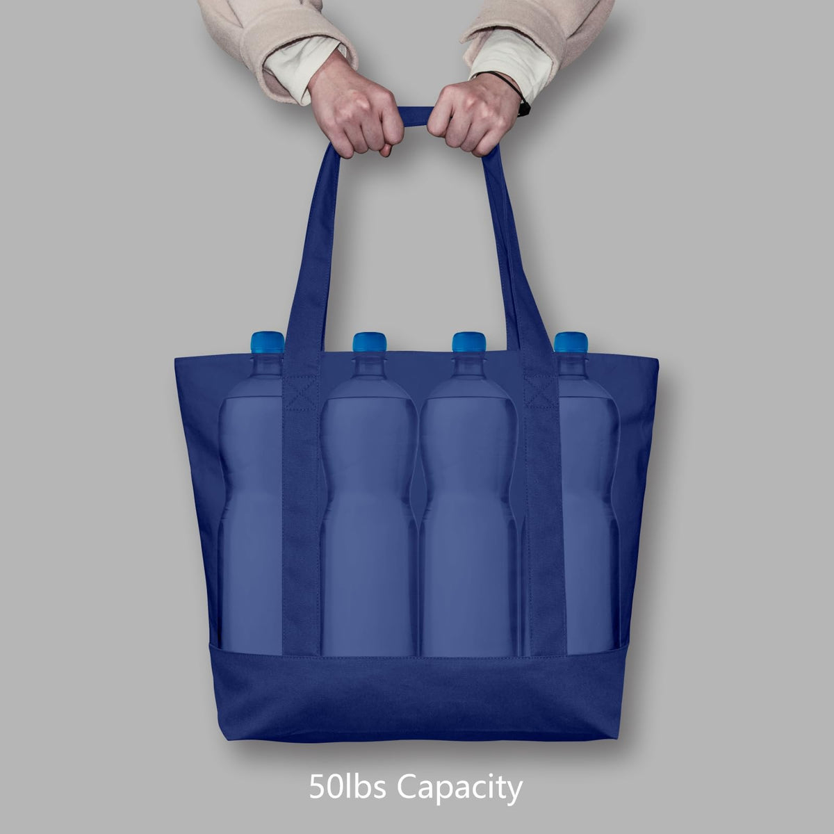 TOPDesign canvas tote blue outside pocket in use during grocery run.