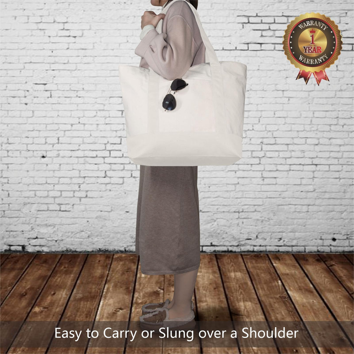 TOPDesign natural canvas tote with top zipper closure for secure contents.
